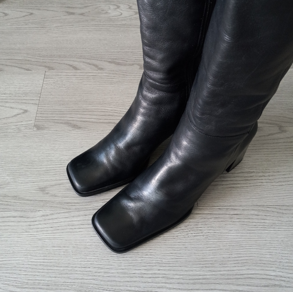 90's Nine West Vintage Y2K Square Toe High Black Leather Boots - Picture 4 of 16